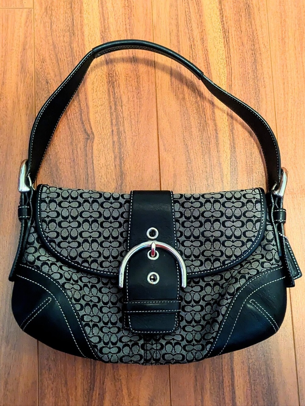 Vintage Coach Soho Signature Jacquard Buckle Flap Bag, Black/Grey